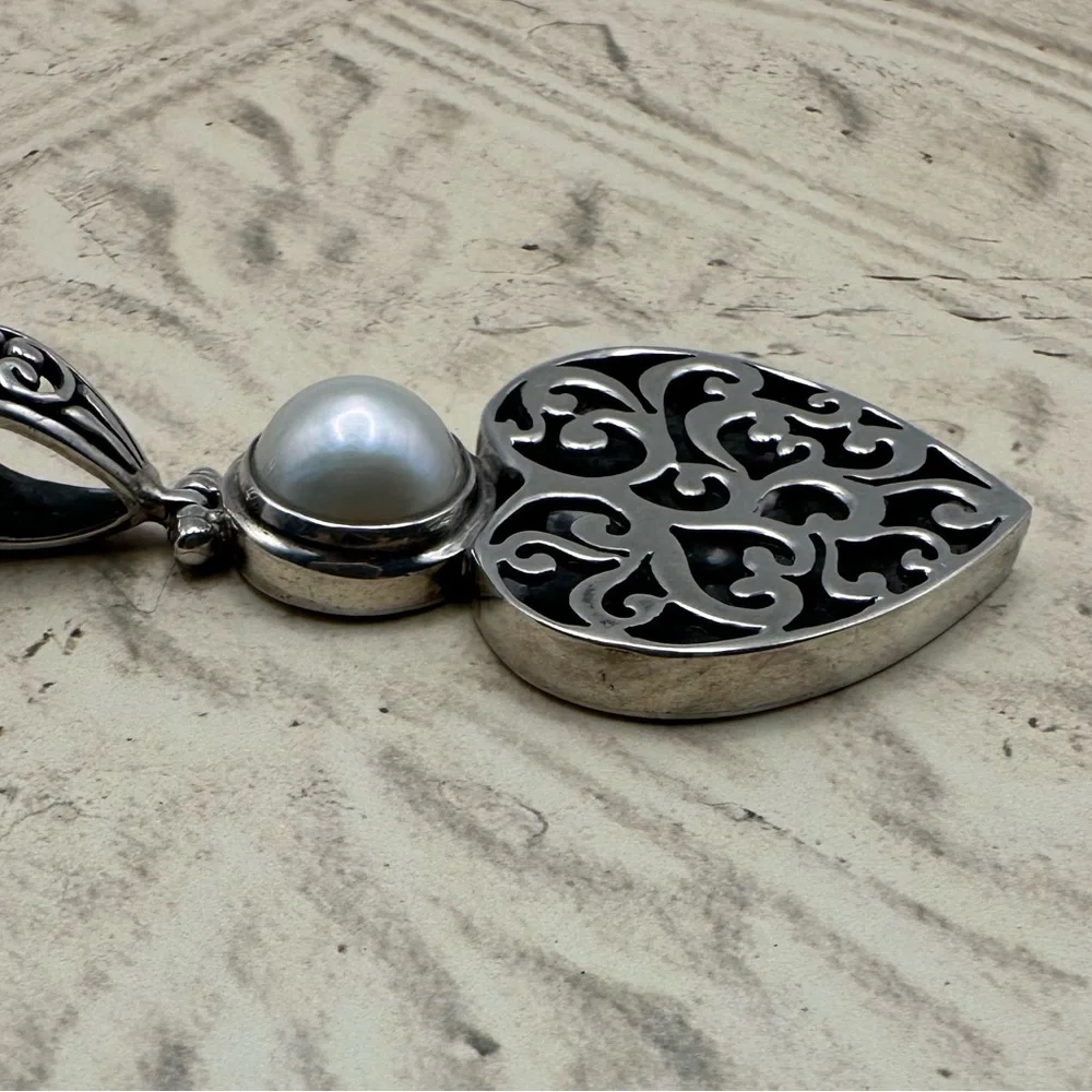 Sterling Silver 925 Wedding Heart Pendant Omega Pearl Byzantine Scroll Vtg 2.5